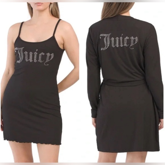 JUICY COUTURE Ribbed Chemise And Robe 2 piece Set /Black Silver Rhinestone Logo - Picture 4 of 5